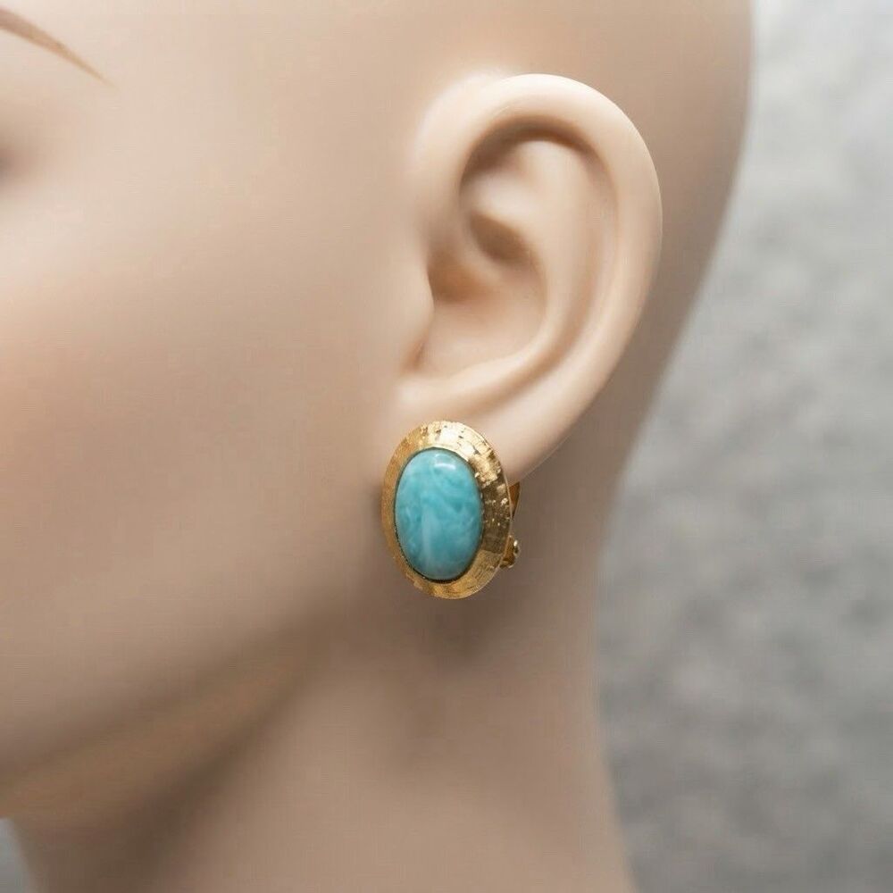 Signed Marvella Gold-Tone Turquoise Blue Oval Cabochon Clip-On Earrings